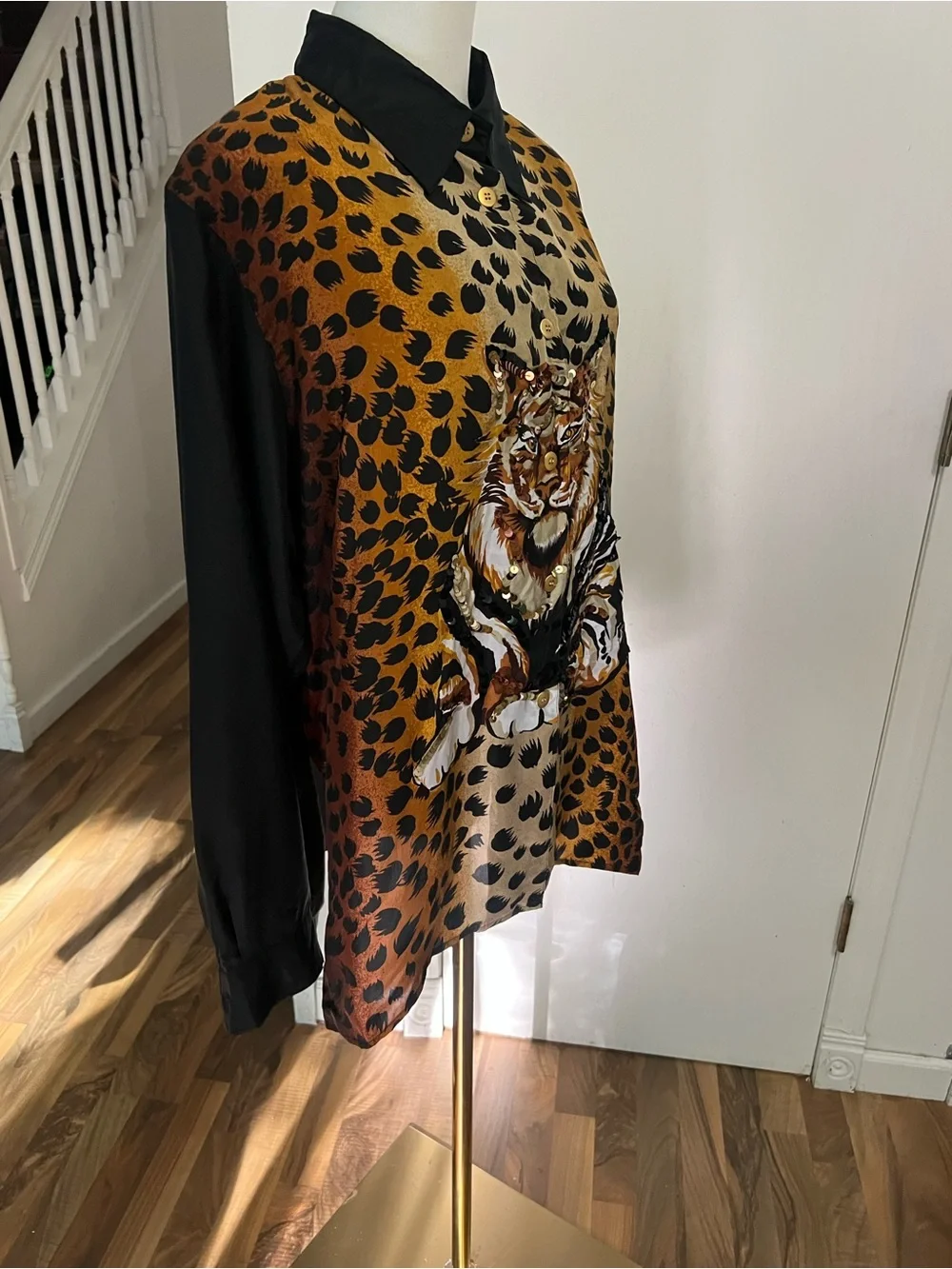 Silk Button up Shirt with Tiger Motif - Black and Brown & Animal Print, XL, NWT - Picture 5 of 9